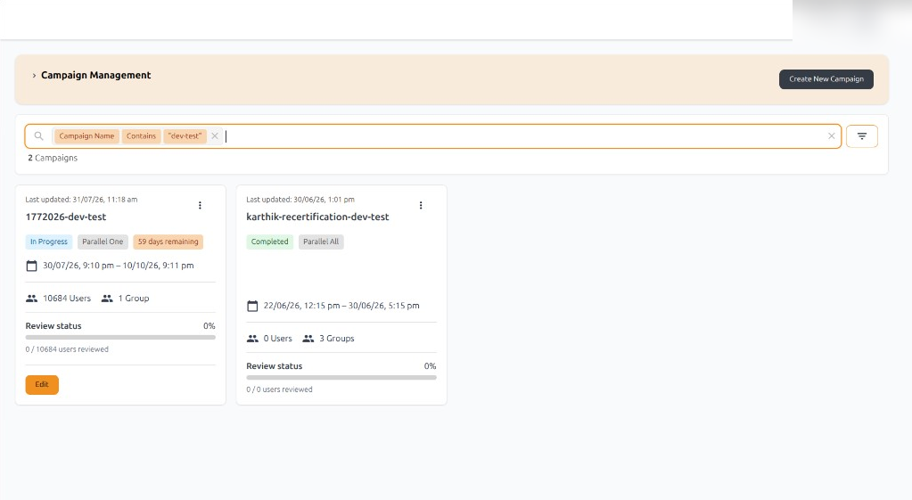 Campaign overview page with user menu in header