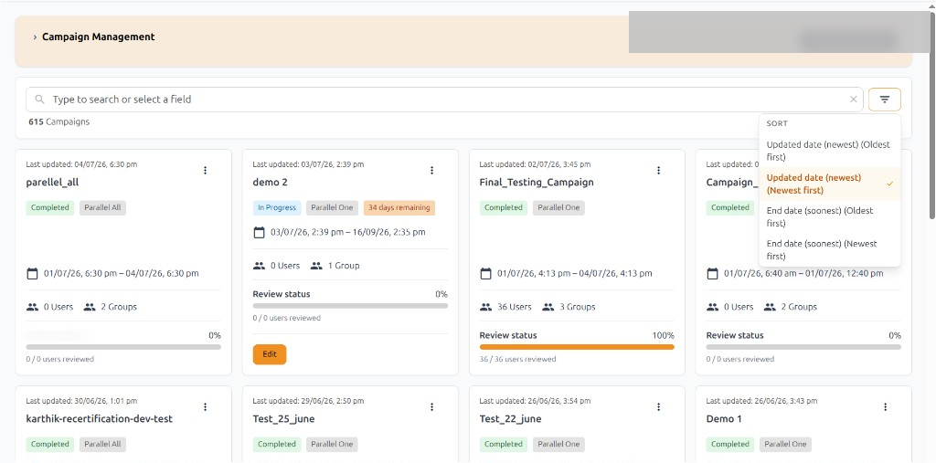 Search bar, status filter, and sort dropdown
