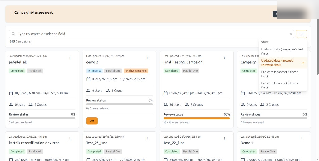 Search bar, status filter, and sort dropdown