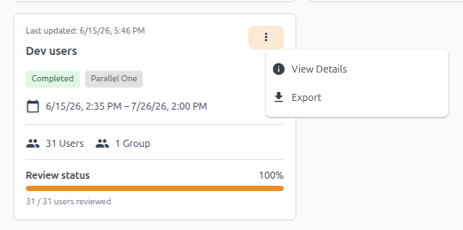 Campaign card with overflow menu showing View Details and Export
