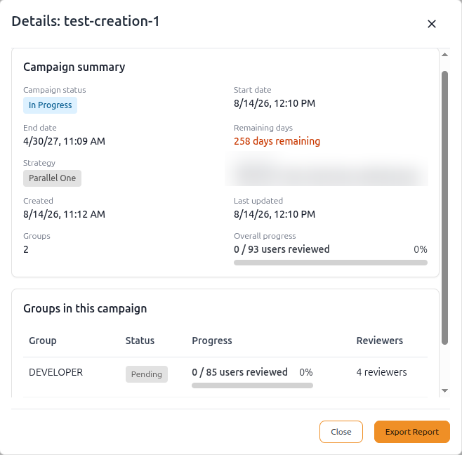 Campaign details dialog with groups table