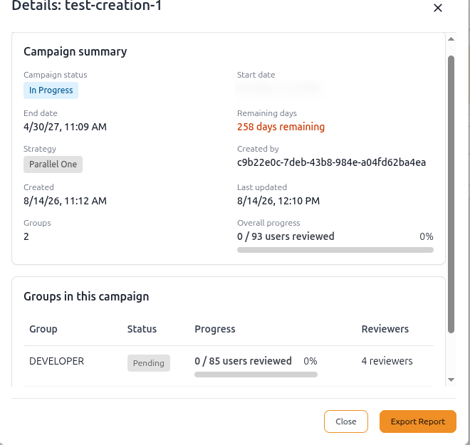 Campaign details dialog with groups table