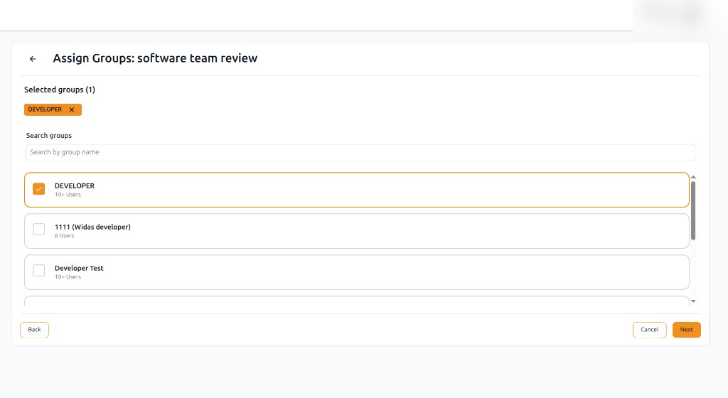 Create campaign wizard — group search and selection