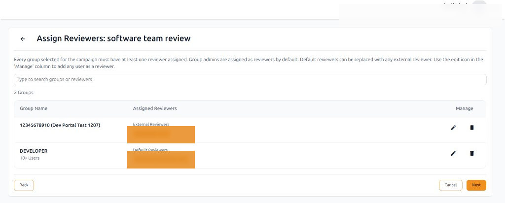 Reviewer assignment table with Manage column