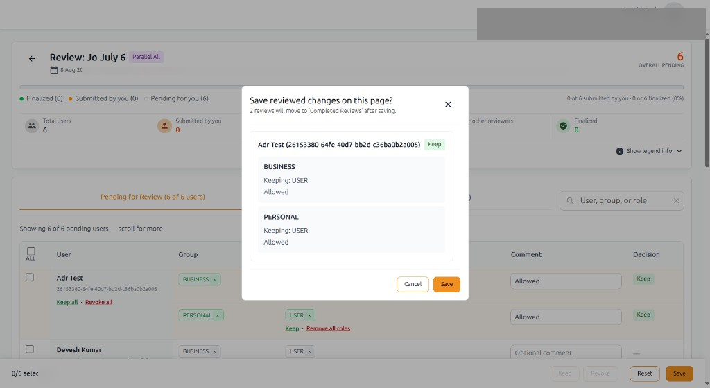 Review save confirmation showing per-user summary
