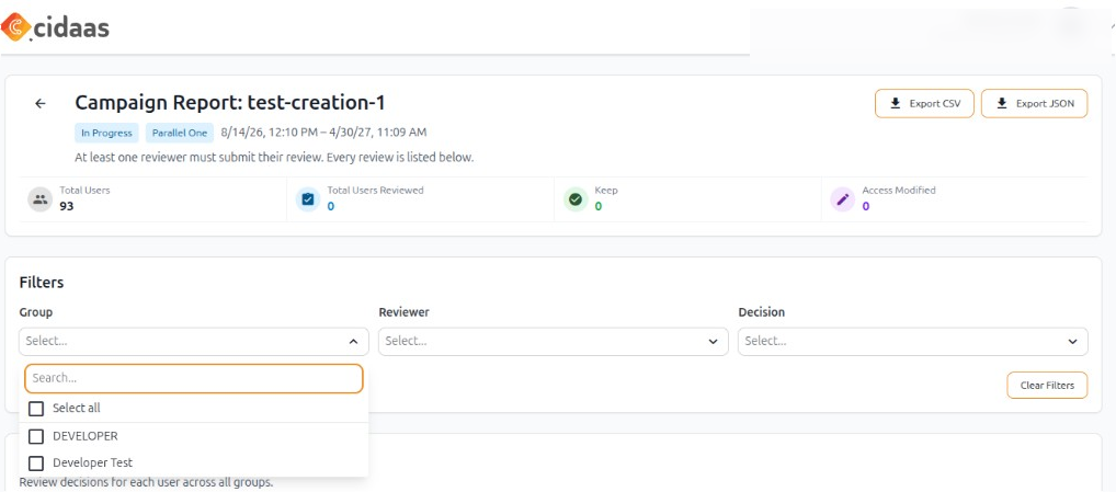 Campaign report with statistics and export buttons