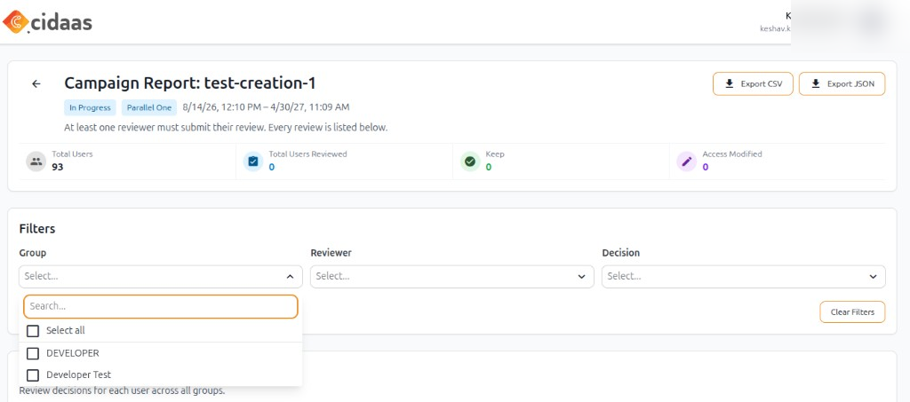 Campaign report with statistics and export buttons