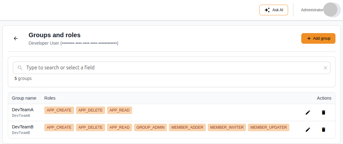 Groups and roles — developer groups and app roles