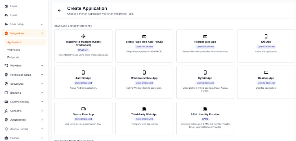 Create Application — client type selection including Third-Party Web App (Trustdesk)
