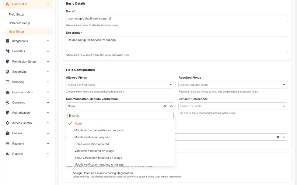 Communication Medium Verification options in User Setup (Trustdesk)